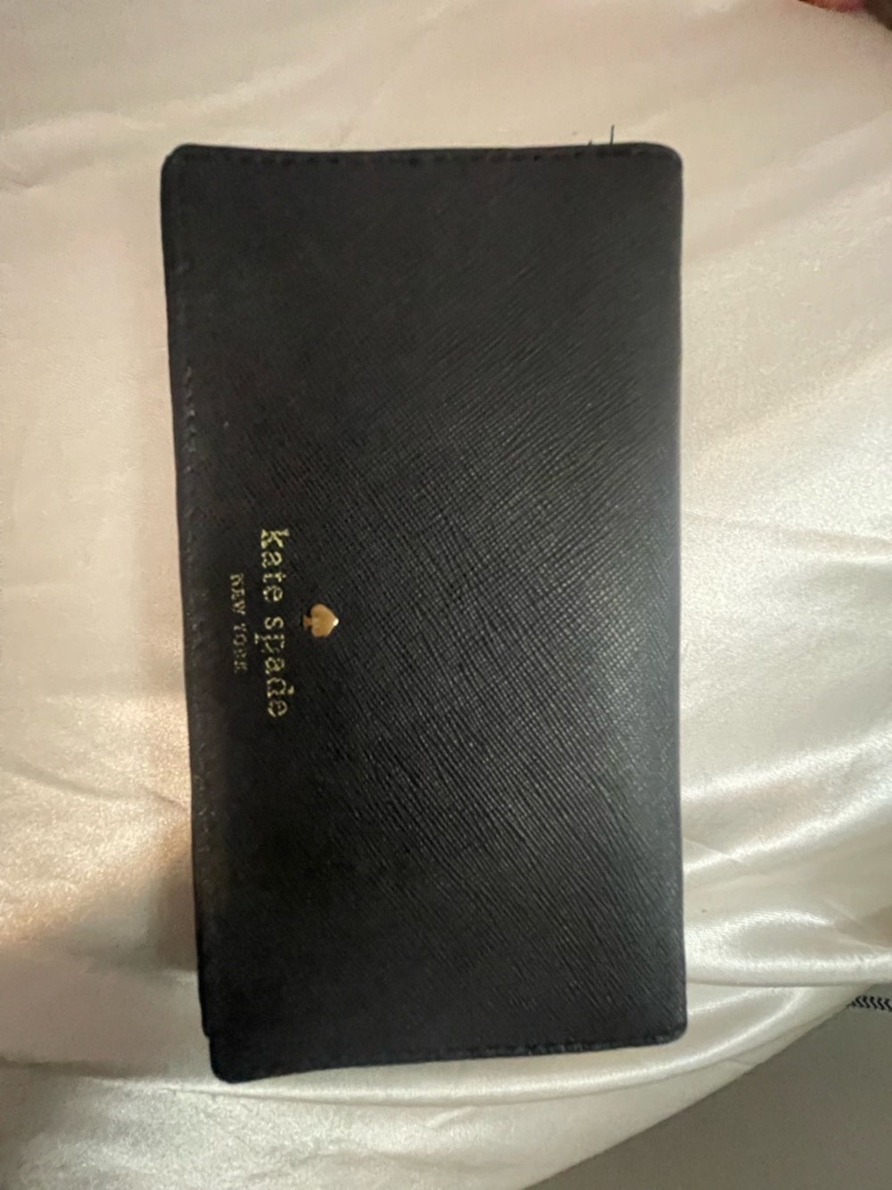 kate spade black saffiano long wallet with gold logo
